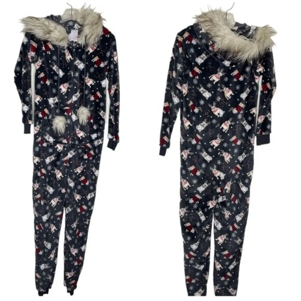 SECRET TREASURES One Piece Adult Sleeper Christmas Holiday Dog Print Furry Hood - Image 7