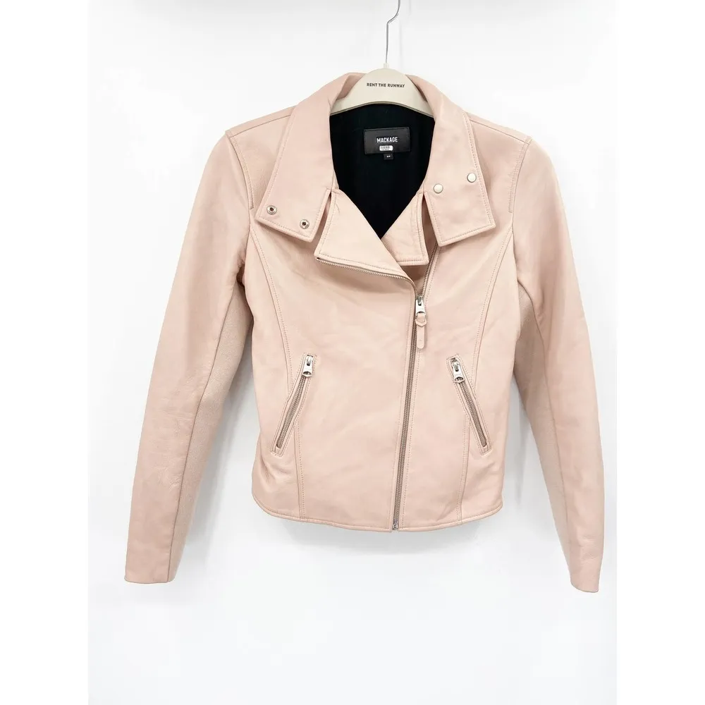 Mackage Sandy Pink Genuine Leather Asymmetric Zip Moto Jacket Size Small - Image 49