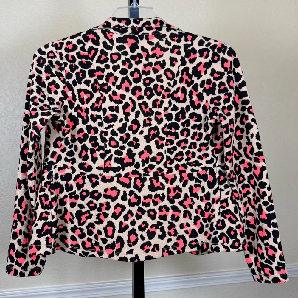 Leopard Print Blazer Medium Open Front Pink Tan Black Stretch Edgy Office Chic - Image 9