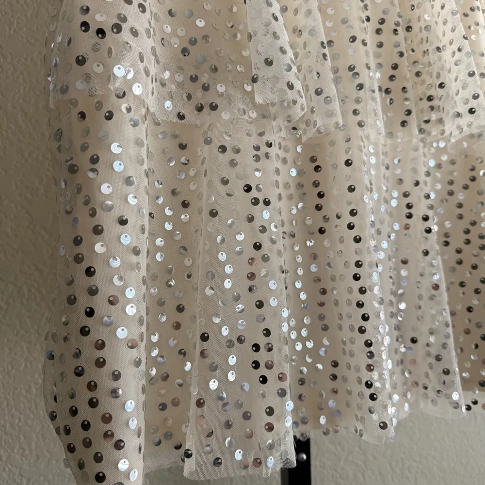 Sequin Ruffle Sleeve Blouse LC Lauren Conrad Large White Sparkle Top Cottagecore - Image 9