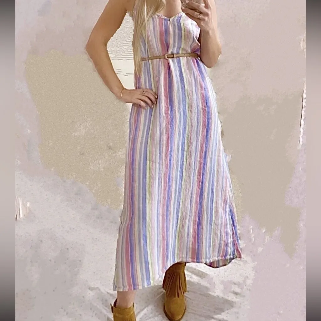 C&C California 100% Linen Rainbow Pastel Striped Maxi Midi Dress Size Small S - Image 12