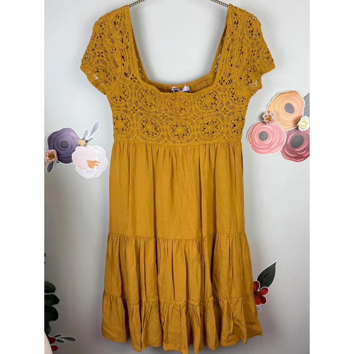 SO Boho Yellow Mustard Crochet Mini Dress - Size - Small - Image 5