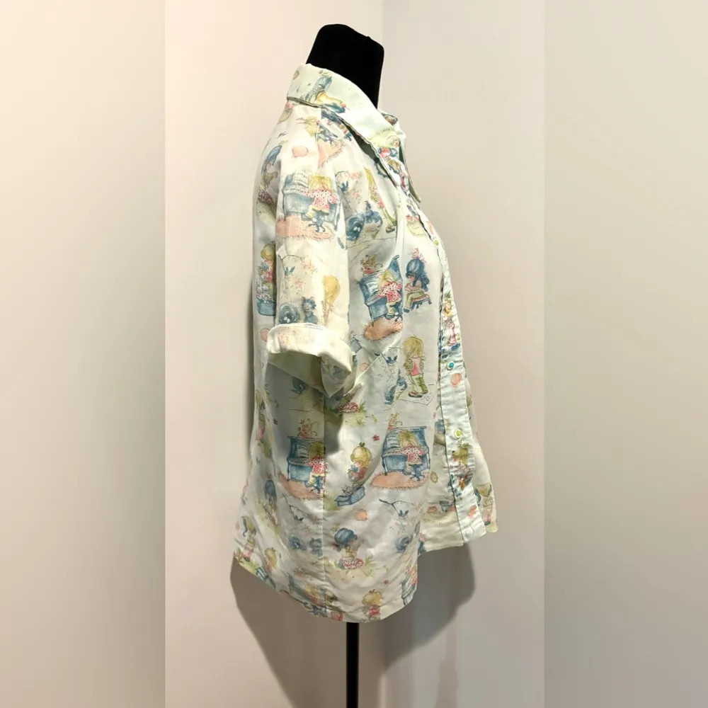 UNBRANDED Vintage 70s Blue S/S Wide Collar Holly Hobby Like Rockabilly Shirt M Size M - Image 3