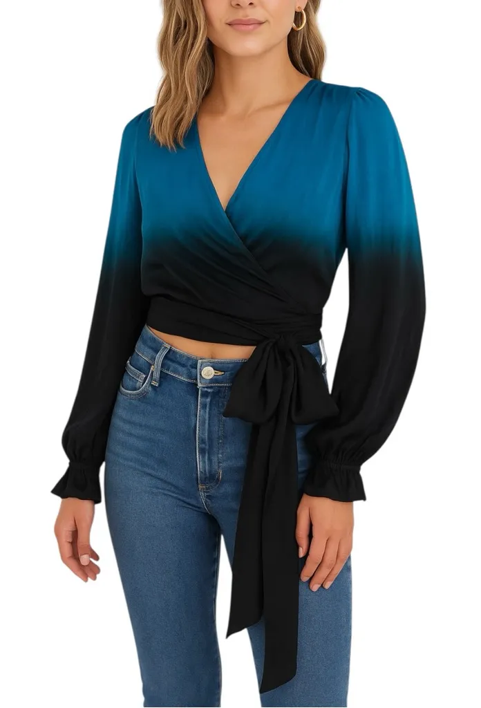 Karina Grimaldi Silk Blend Teal and Black Ombre Long Sleeve Wrap Blouse SMALL - Image 1