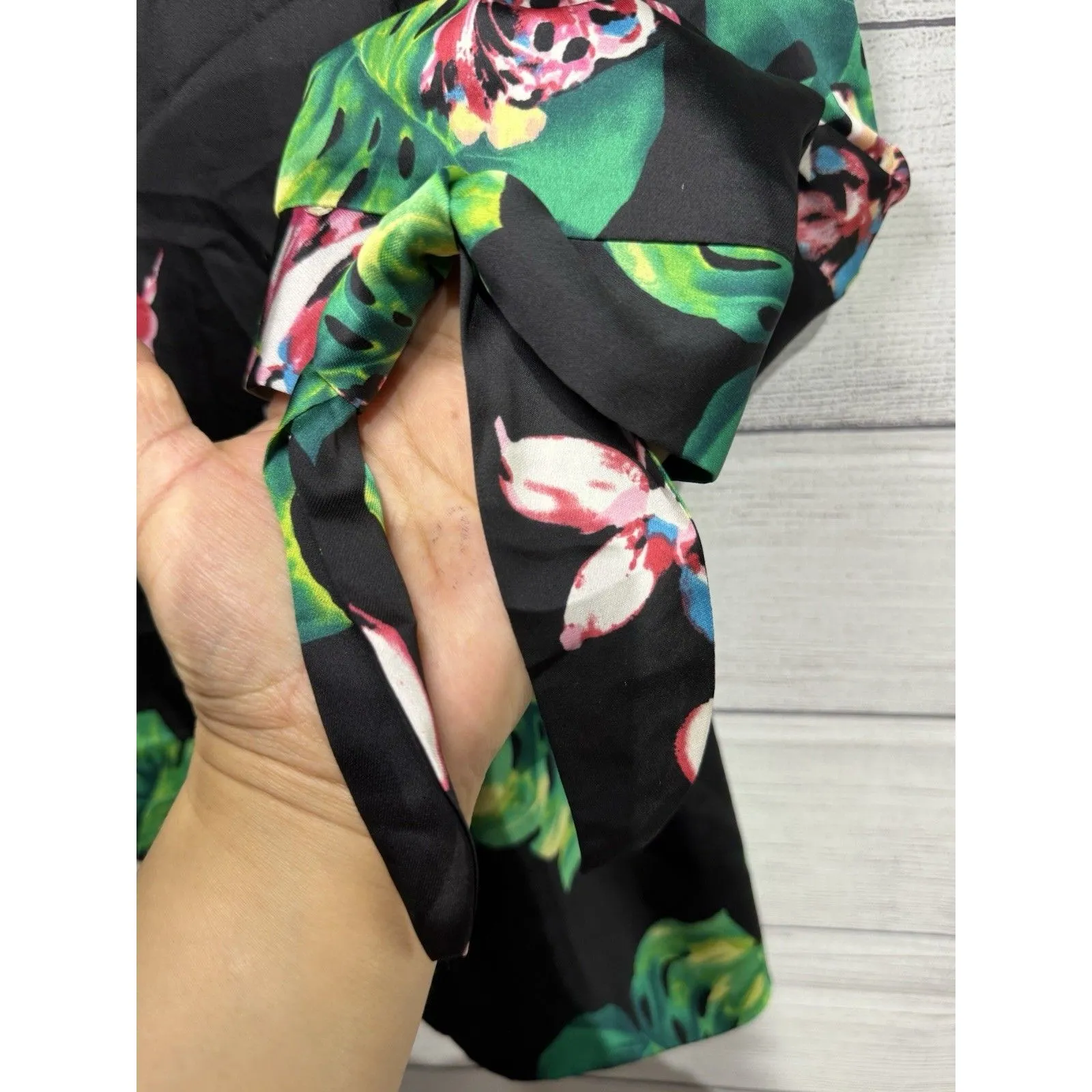 Tahari ASL Women's Palm-Print Tie-Sleeve BLAZER 6p Black/Pink/Green - Image 8