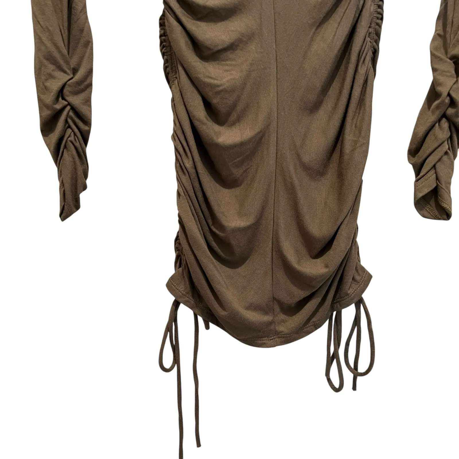 Olive Green Mock Turtleneck Bodycon Stretchy Dress Sz S Adjustable Hem Sexy Form - Image 3