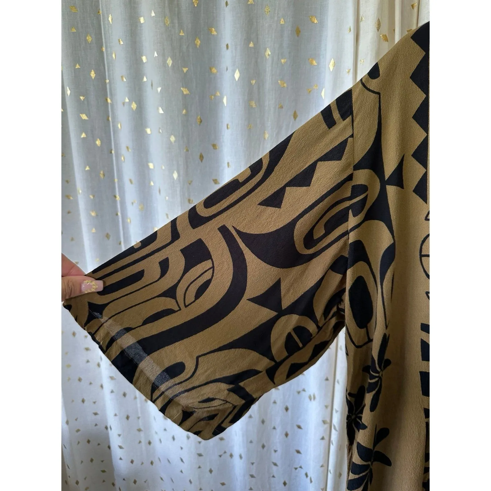 Wahine Toa Hawaiian Tribal Tahitian Tiare Open Longline Cardigan Kimono M Brown Size M - Image 3