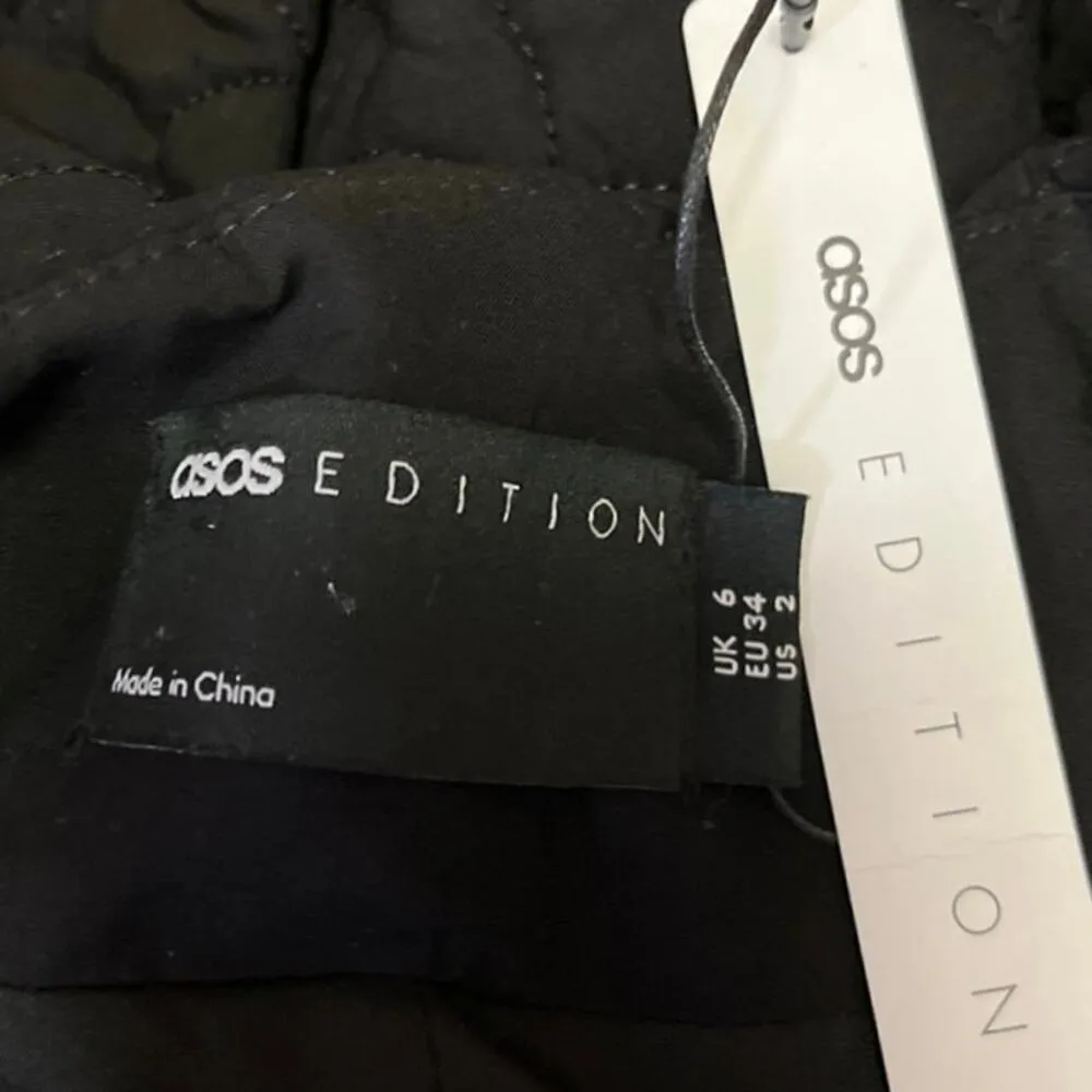 NEW ASOS Black Quilted Plunge Neck Balloon Sleeve Tiered Ruffle Hem Dress Size 2 - Image 4