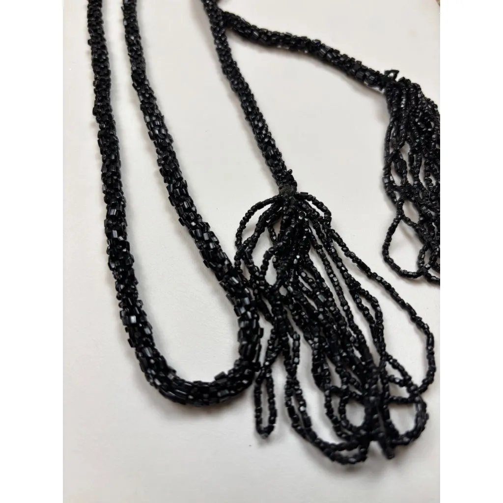 Black Beaded Flapper Rope Necklace With Fringe Tassels - Image 4