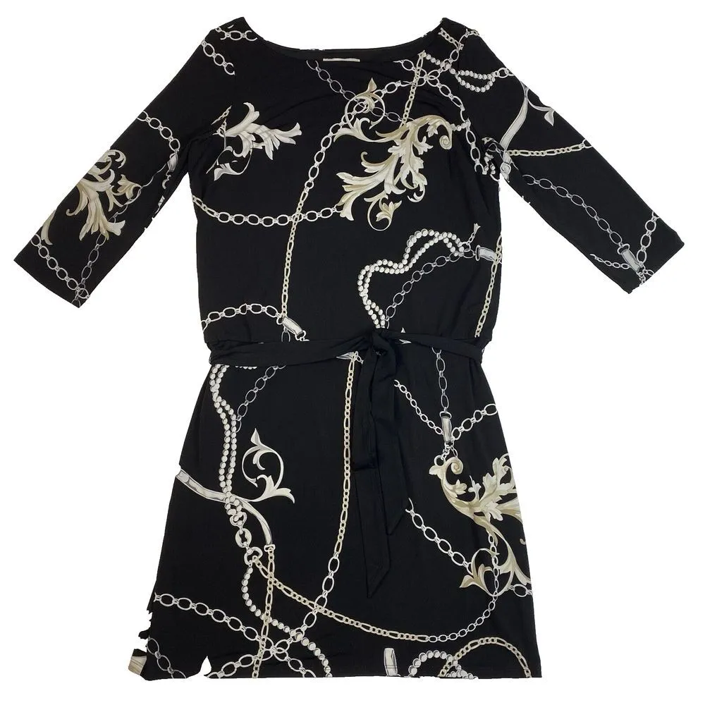 White House Black Market Knee Length Blouson Dress Chain Pearl Print Size Medium - Image 5