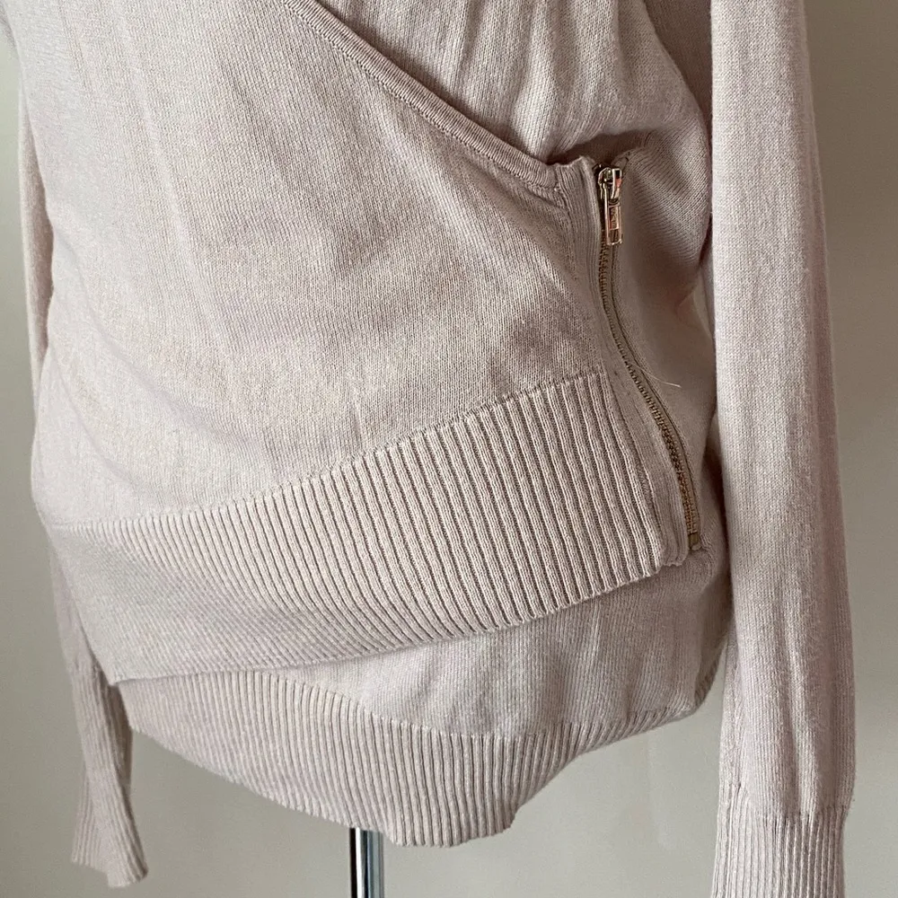 Limited wrap front knit shirt top v neck cross cross side zipper small beige tan - Image 7