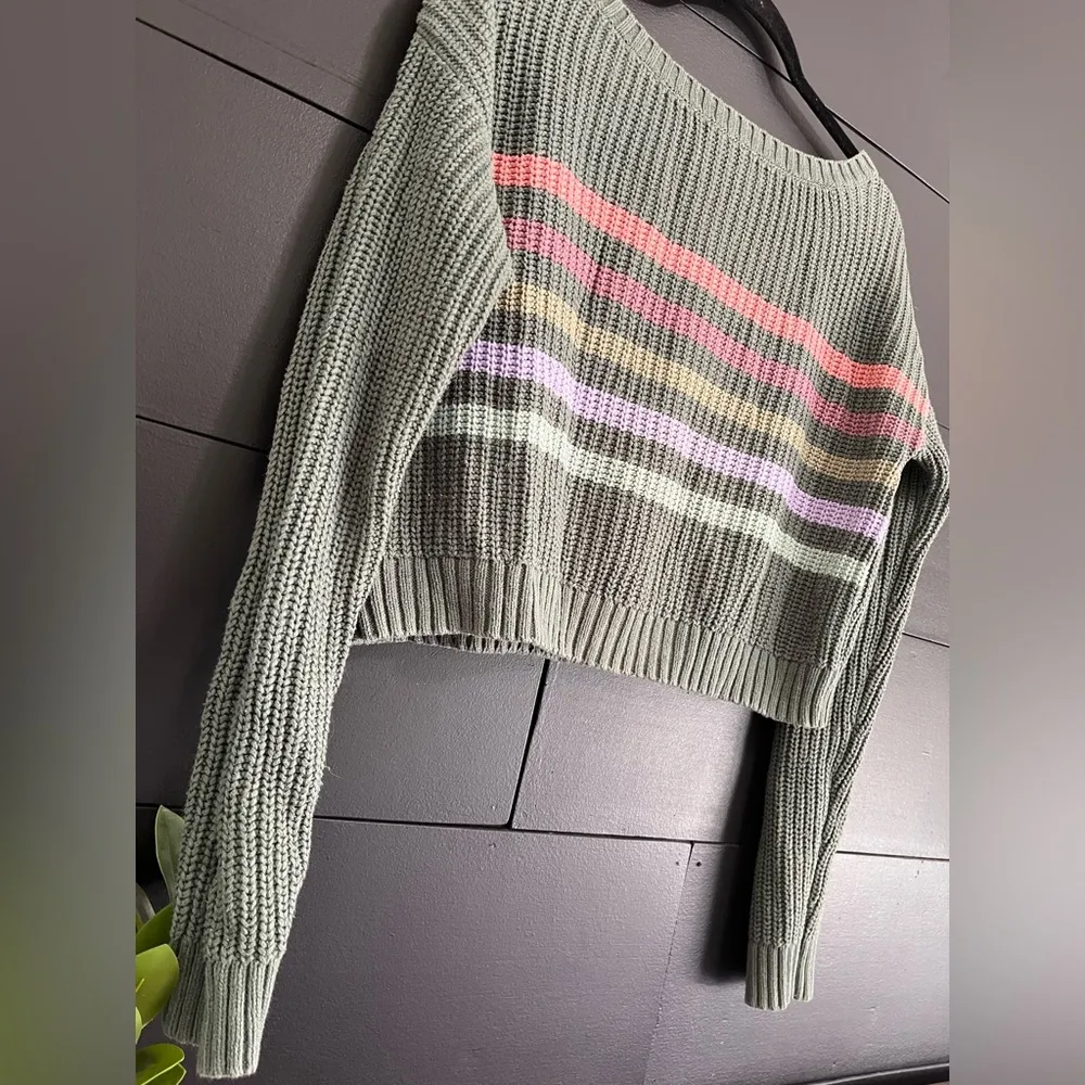AEROPOSTALE Knit Boat Neck Sage Green Stripe Sweater Women’s Sz M EUC - Image 2