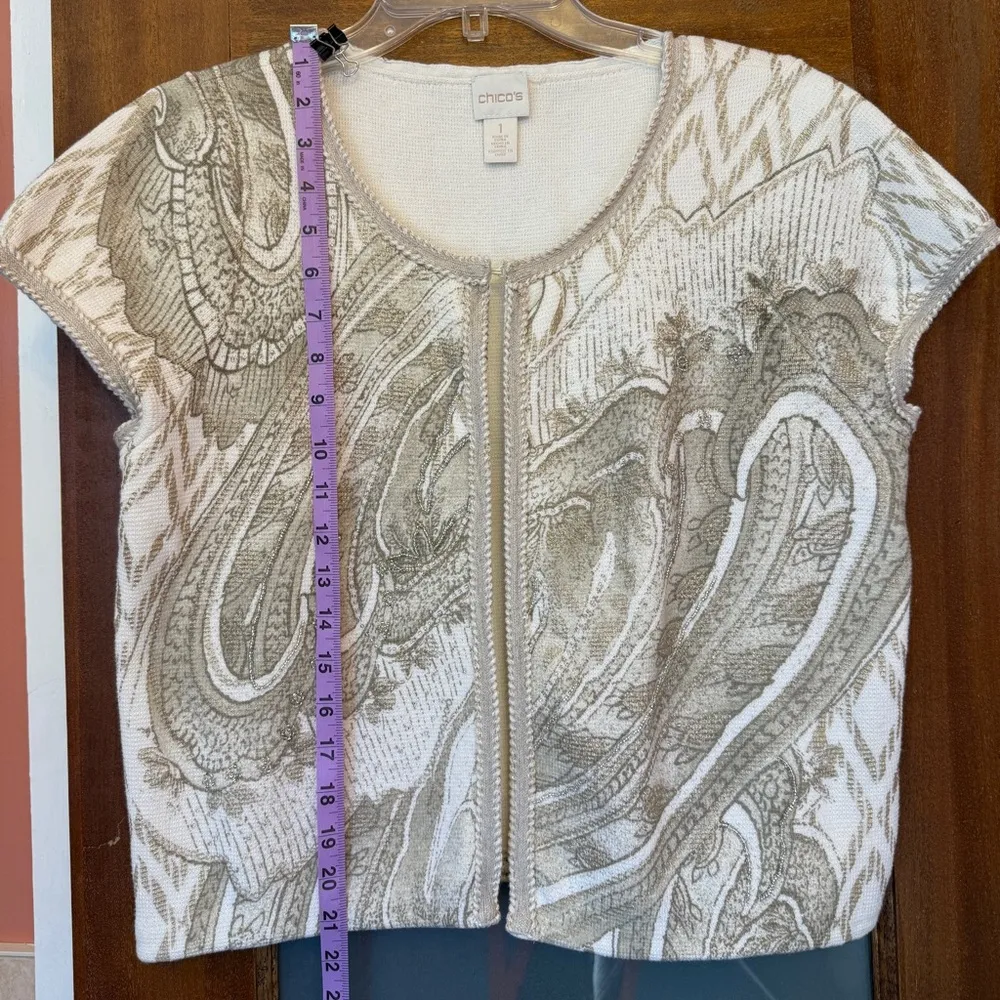 Chico’s Beaded Cotton Ivory Gold Cap Sleeve Paisley Jacket Cardigan Sweater - Image 6