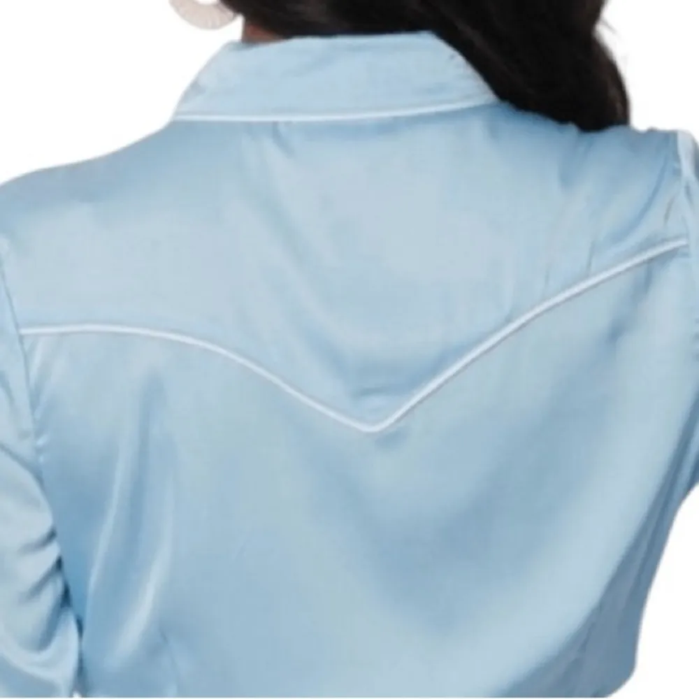 Looney Tunes Unique Vintage Western Embroidered Blue Fringe Button Up Blue Shirt Size L - Image 4