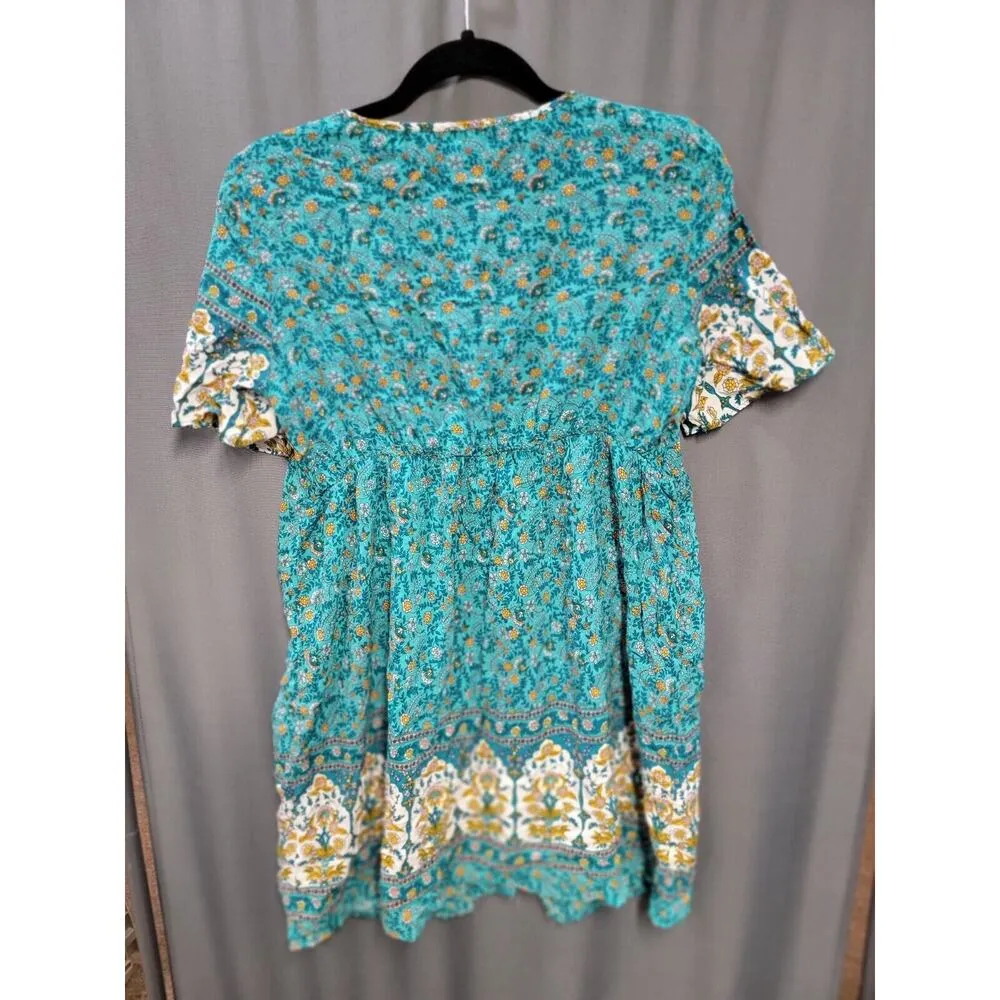 Temofon Summer Mini Dress Women's Medium Blue Floral Print Short Sleeve B82 - Image 4