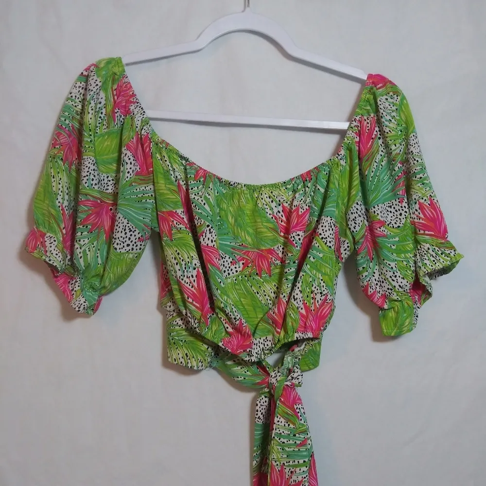 Milk & Honey Tropical Green and Pink Waist Wrap Crop Top Vacation Beach Size S - Image 6