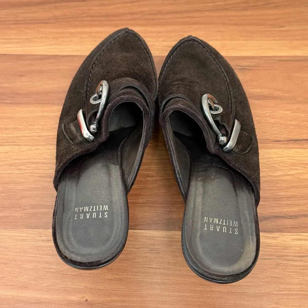 Brown Suede Leather Buckle Heeled Mules Clogs Size 9M - Image 4