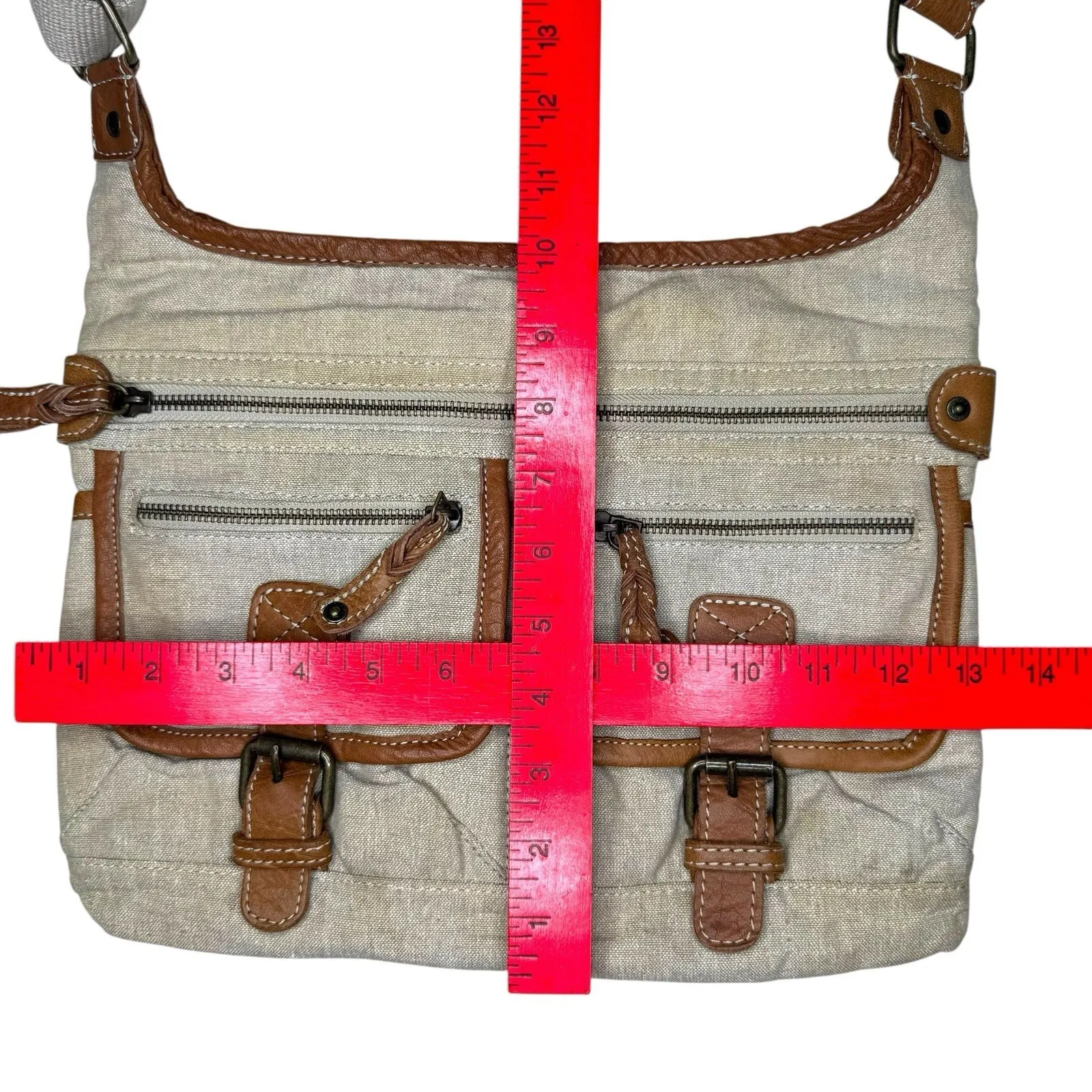 Fat Face Y2K Canvas‎ Leather Crossbody Messenger Bag Utility Pockets Rare Unused Tan - Image 14