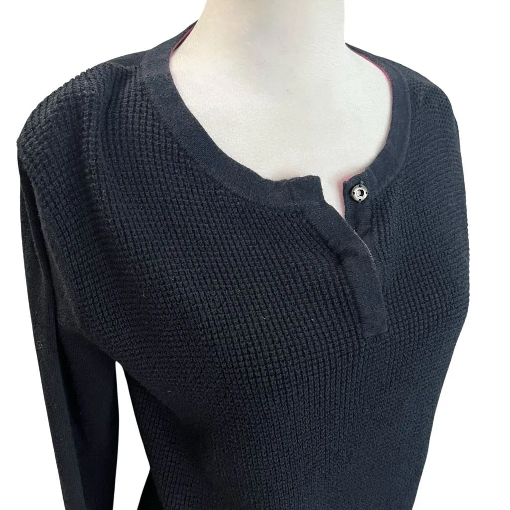 Lisa Todd Black Waffle Knit Henley Sweater Pink Smiley Cashmere Blend Small - Image 3