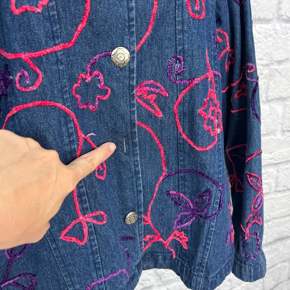 Vintage Choices Denim Jean Jacket Size M Pink Floral Embroidered Textured Blue Size M - Image 3