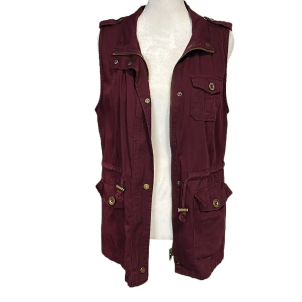 2Sable NWOT 100% cotton maroon burgundy utility vest snaps buttons zippers - Image 7