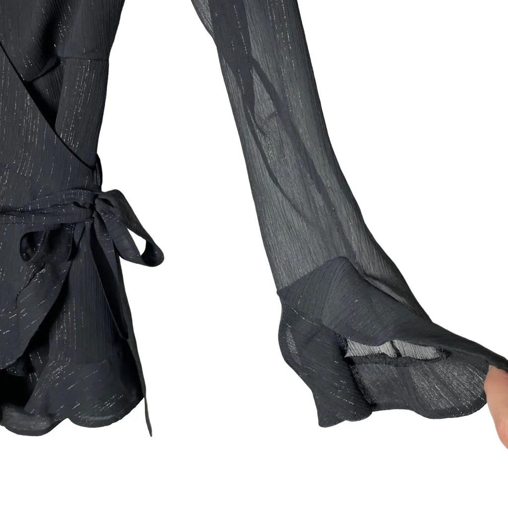 Donna Mizani Eliza Wrap Dress Size Small Mini Black Long Sleeve Ruffle Detail - Image 4