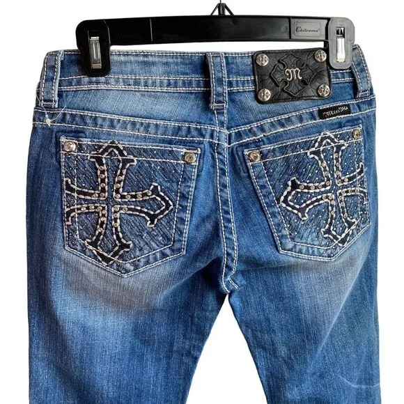 Miss Me Jeans Women's Size 26 boot cut Denim Rhinestone cross embelished Pockets - Image 2