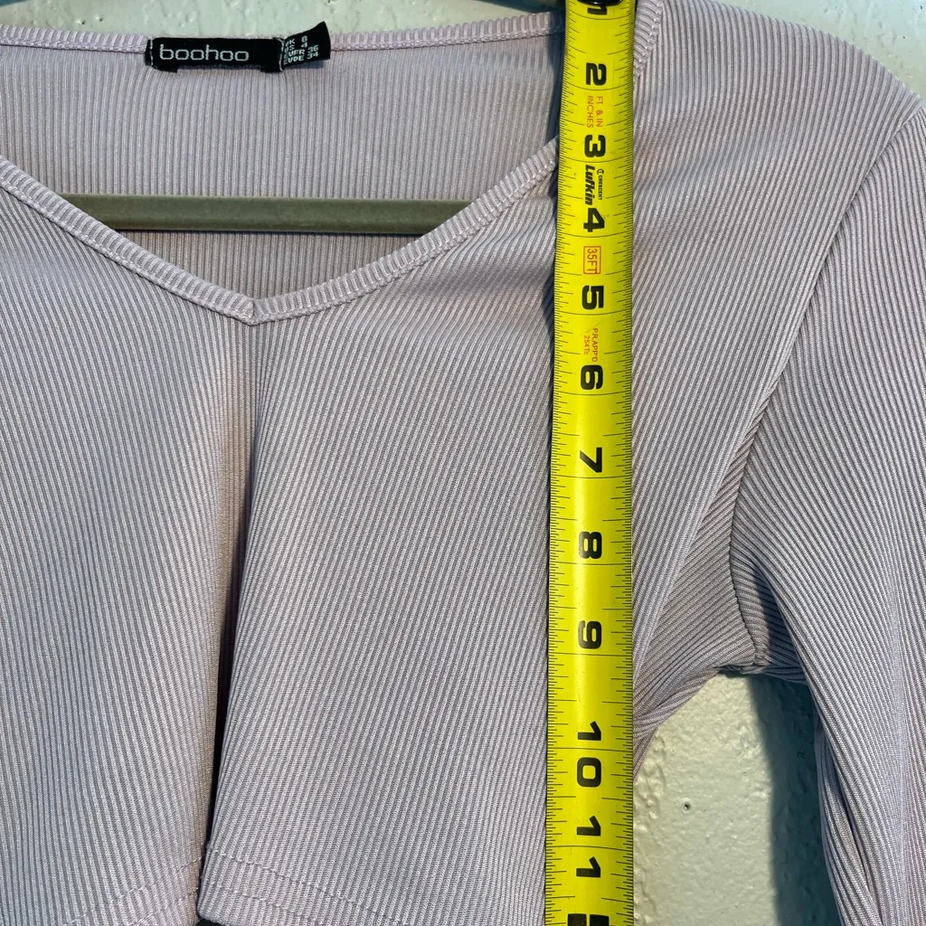 Boohoo Pink Long Sleeve Tie Front Crop Top Blouse Y2K SZ 4 Wide V-Neck Summer - Image 6