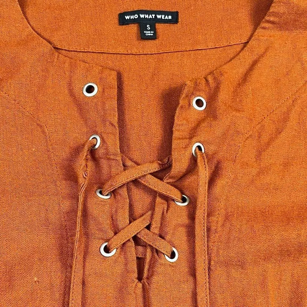 Who What Wear Burnt Orange Linen Blend Lace-Up Neckline Puff Sleeve Dress Small - Image 12