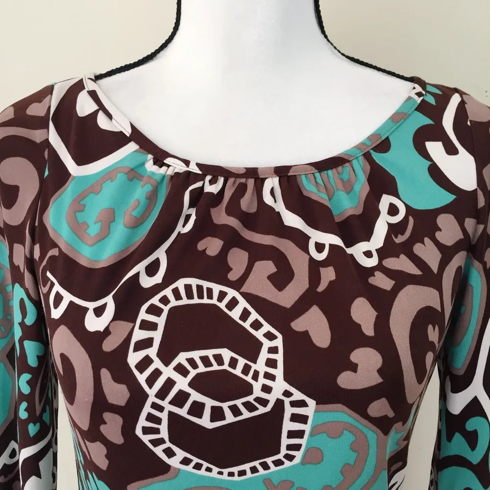 Milly Bergdorf Goodman Silk Bell Sleeves Brown Green Dress Women's Size S - Image 2