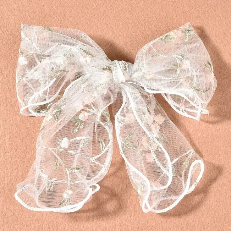 A New Day White Mesh Sheer Floral & Beige Crinkle Bow Hair Clip Accessory Set - Image 7