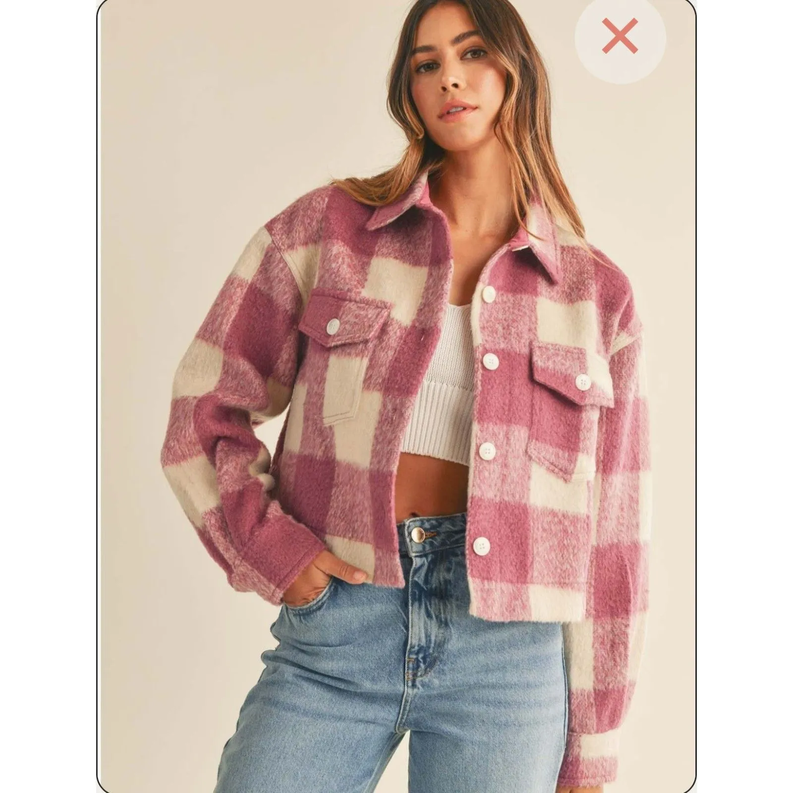 Mable Micah Brushed Fuzzy Textured Pink Plaid Crop Button Down Jacket size Small - Image 2