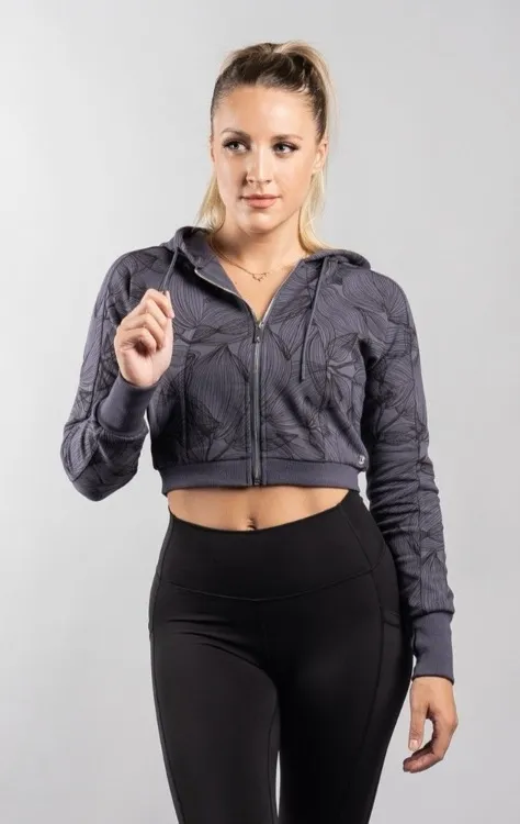 Buff Bunny Collection Gray Citrus Floral Leaf Cropped Zip-Up Hooded Jacket - Image 2