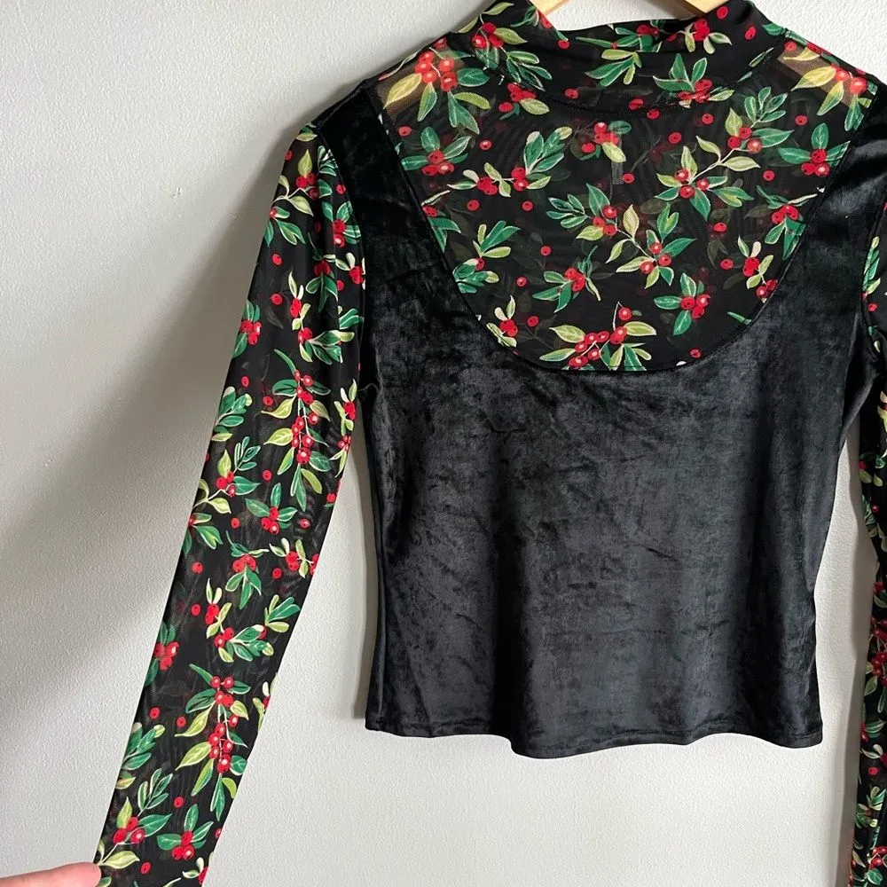 Free People Intimately Floral Mesh Velvet Mix Top Sheer Holiday Holly sz S - Image 4