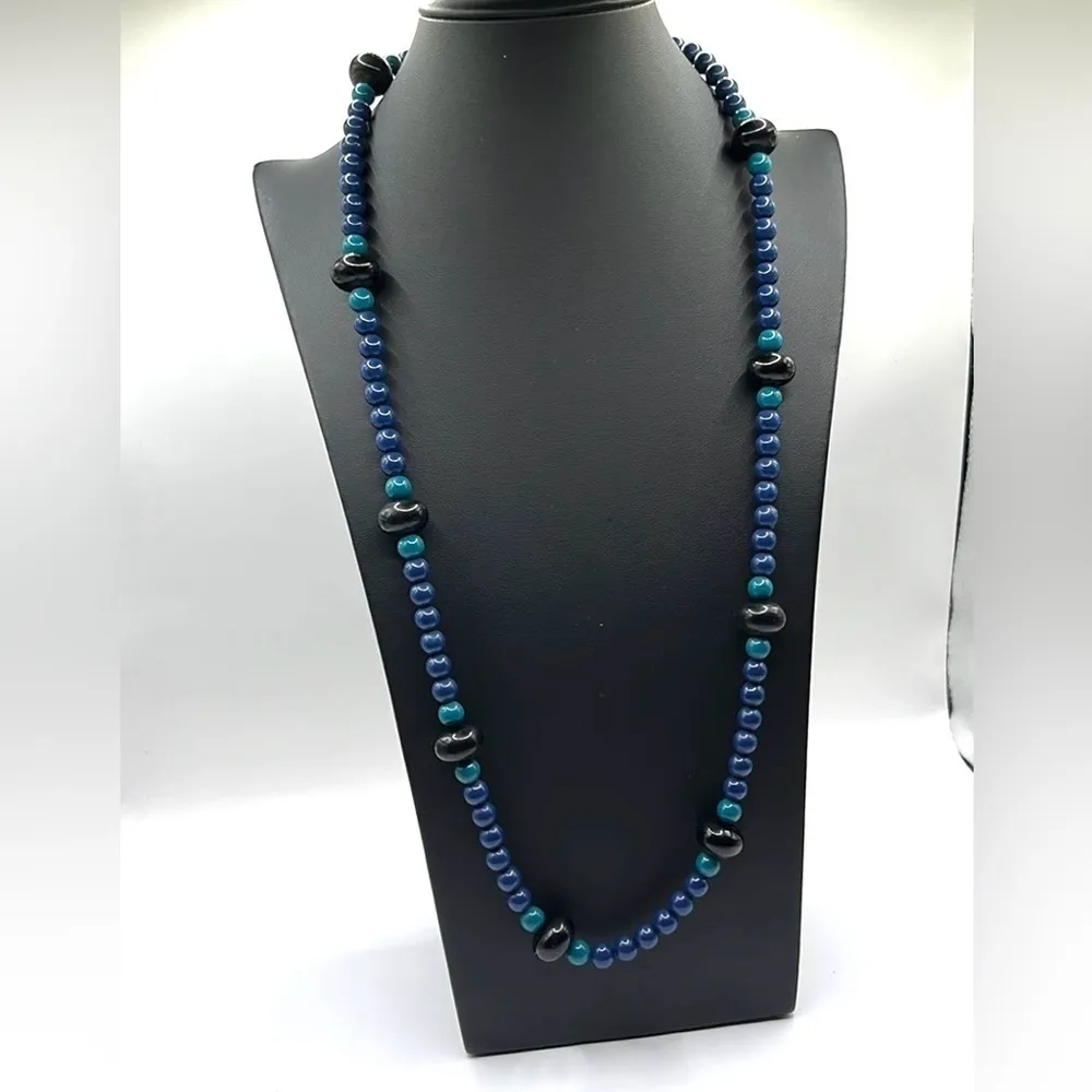 Trifari Beaded Necklace 30” Length Blue Black and Turquoise Blue Beaded Necklace - Image 2