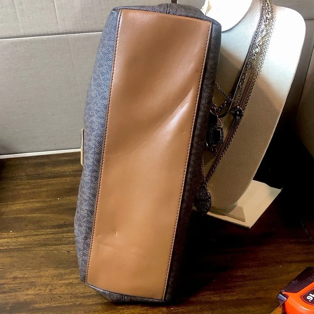 MICHAEL KORS Brown Logo Top Zipper Close Shoulder Bag w Braided Shoulder Strap - Image 13