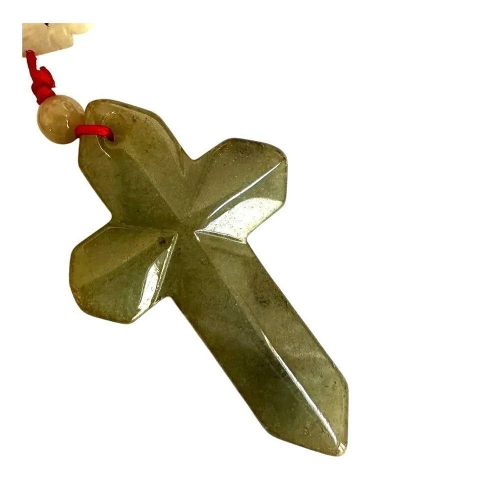 Jade cross pendant necklace on red cord Green - Image 9