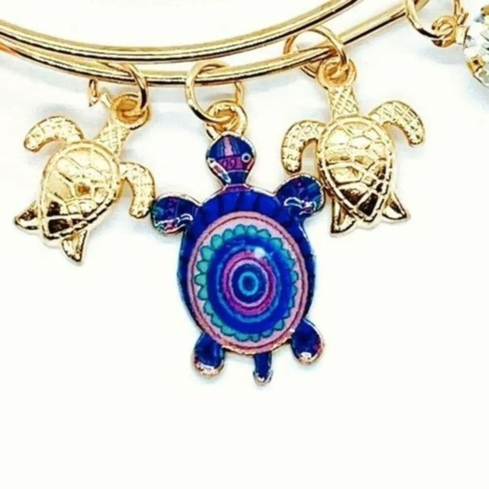 Boutique Beaded Sea Turtle Charm Colorful Bangle Bracelet - Image 3