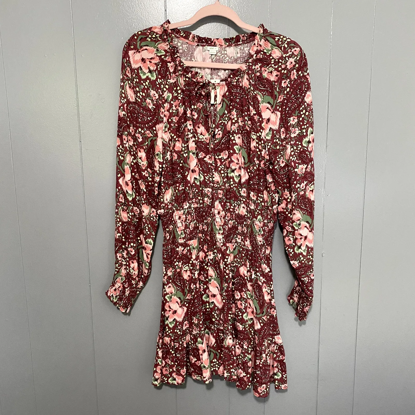 NEW Aerie Pink Floral Long Sleeve V-neck Ruffle Boho Casual Mini Dress S - Image 2
