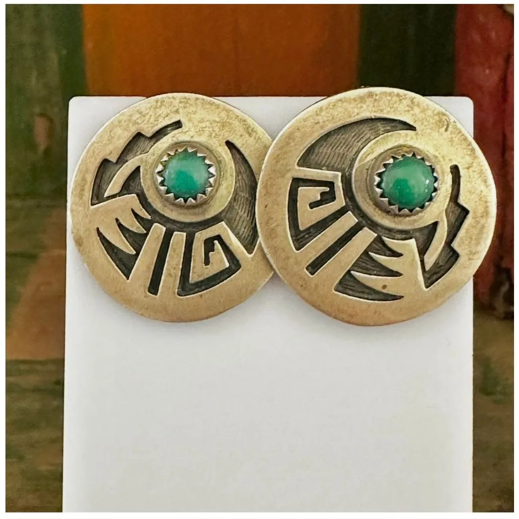 Vintage Sterling Silver Thunderbird Style Post Earrings Green Stone - Image 6