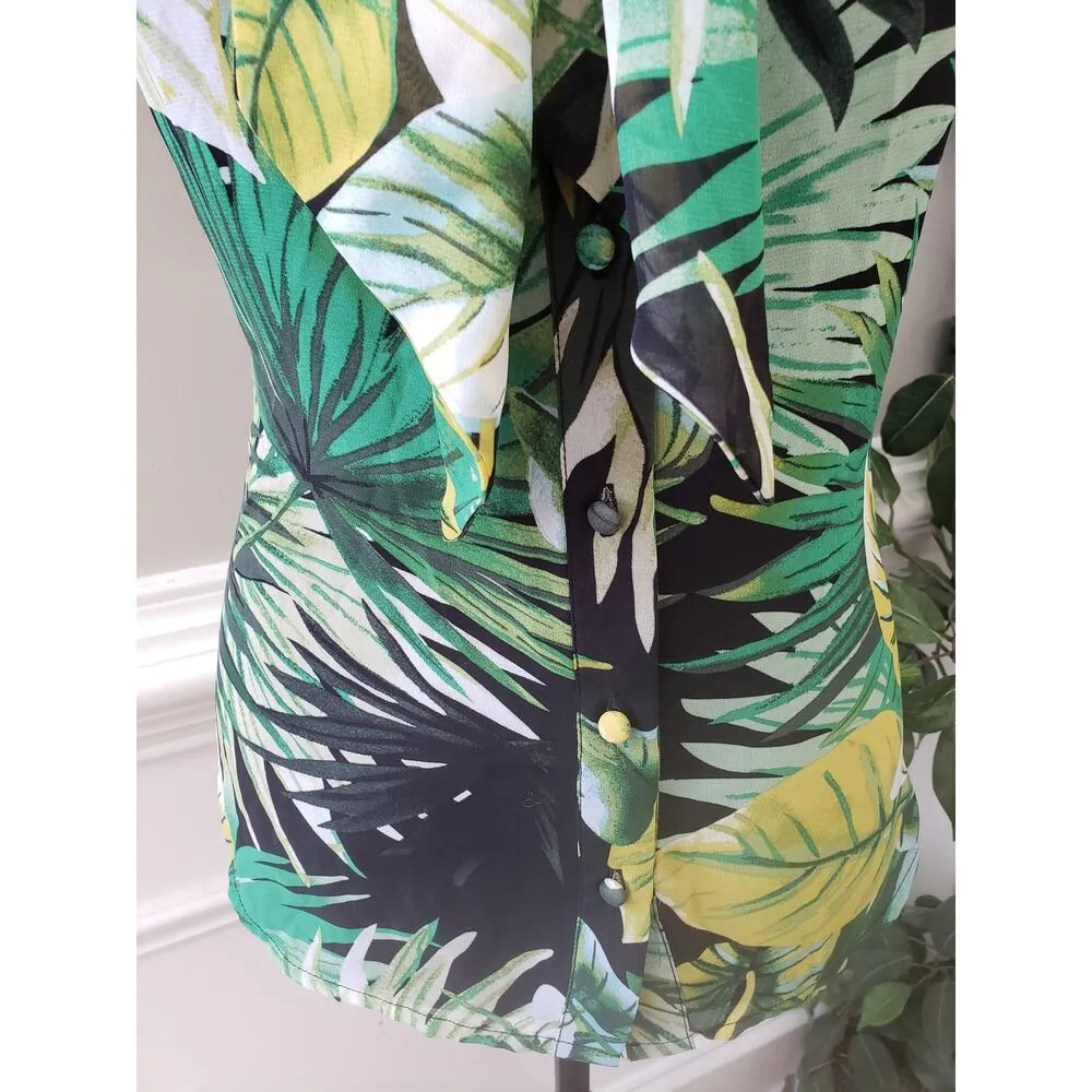 Eva Mendes Button Down Shirt Women's S Multi Palm Leaf Sheer High Collar Tie Green - Image 10