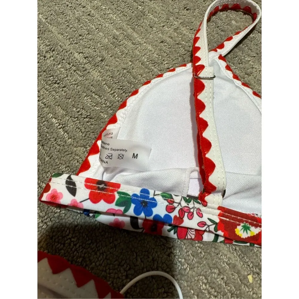 Bikini X Red White Floral Triangle Micro Bikini Medium NWT - Image 5