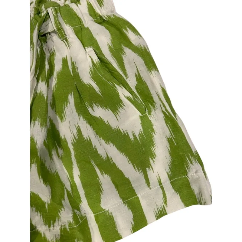 ANTHROPOLOGIE Women's Linen Shorts Shorts SMALL Green White Ikat Paperbag - Image 9