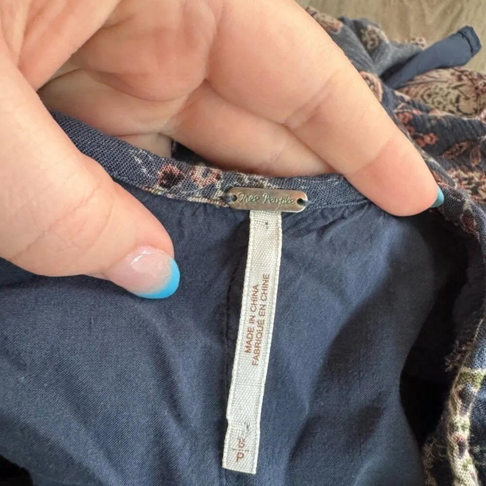 Free People Floral Navy Mini Dress Long Sleeve Rope Bow Swing Small Bohochic - Image 2