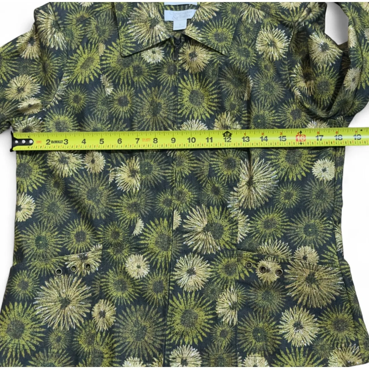 Floral Print Jacket Olive Green Gold Accents Full Zip Up Career Size S‎ - Image 5