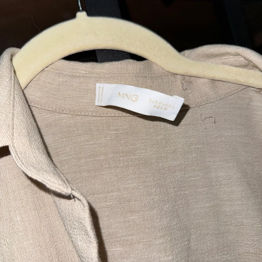 Mango linen mini dress long sleeve beige lapel collar twist knot blazer sand - Image 4