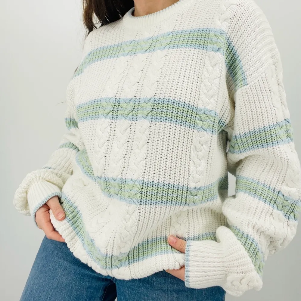 vtg coastal sage green carolina blue slouchy striped cable knit crewneck sweater Size L - Image 2