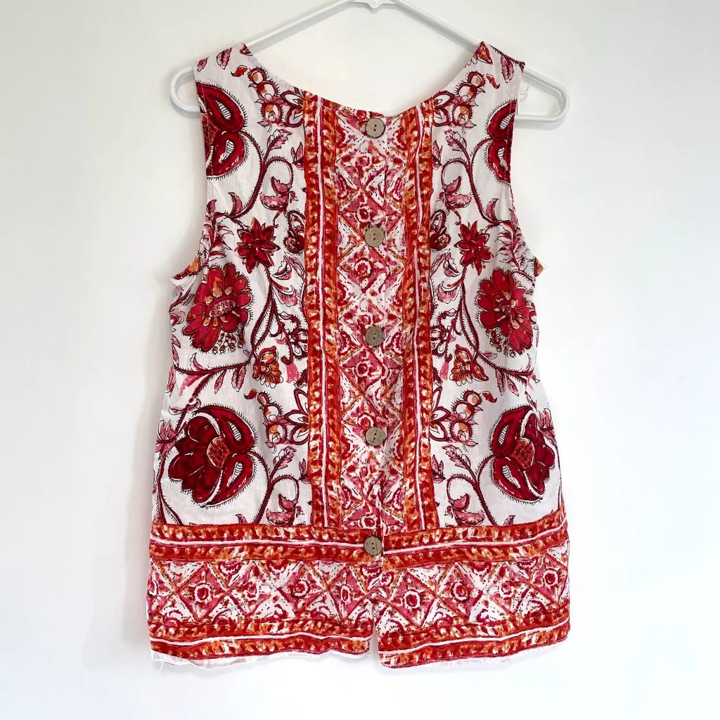 NICOLE MILLER White Red Orange Floral Border Print Button Back Linen Tank Blouse - Image 12