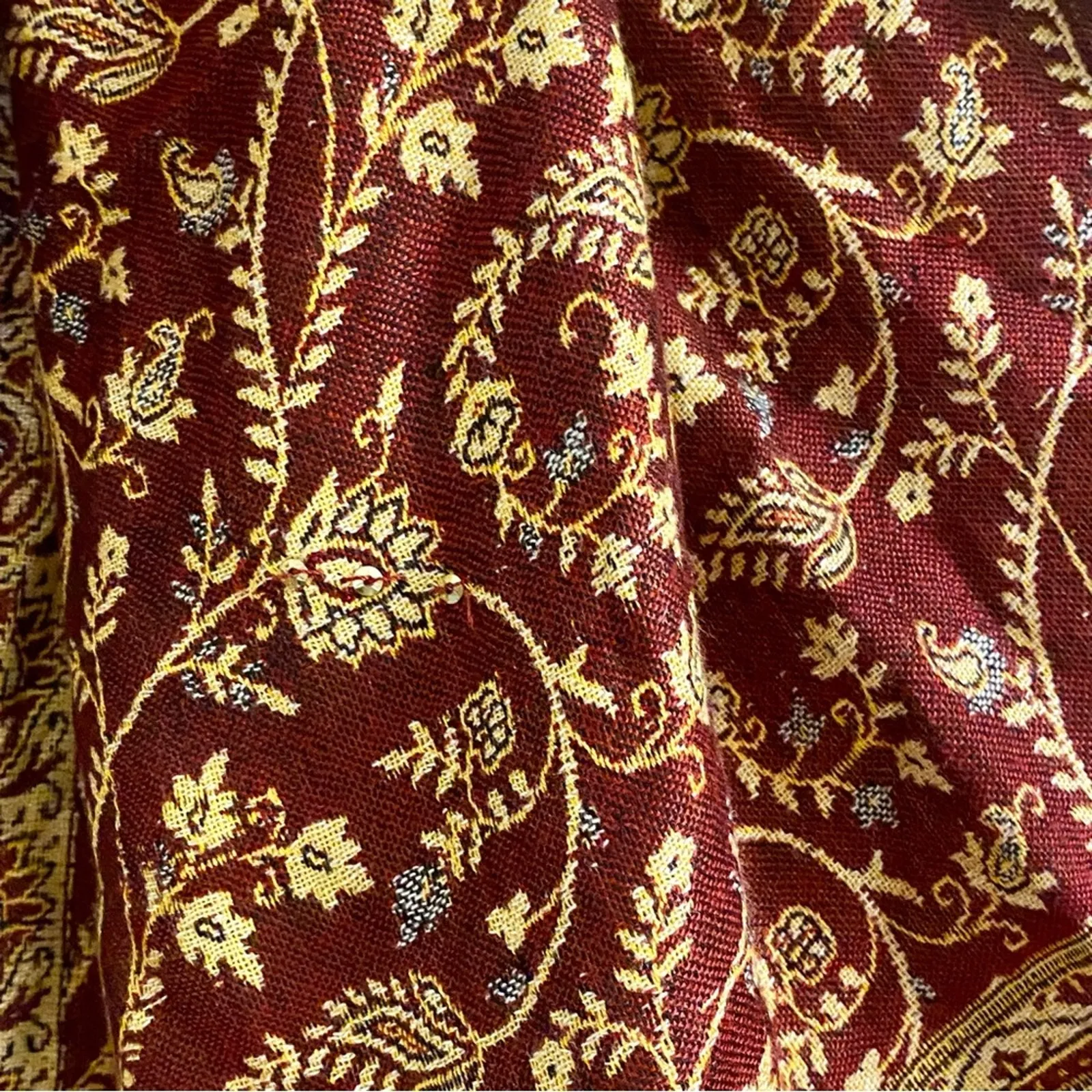 Red Gold Floral Indian Pashmina Shawl Wrap Scarf Fringe Tassel Womens One Size - Image 3