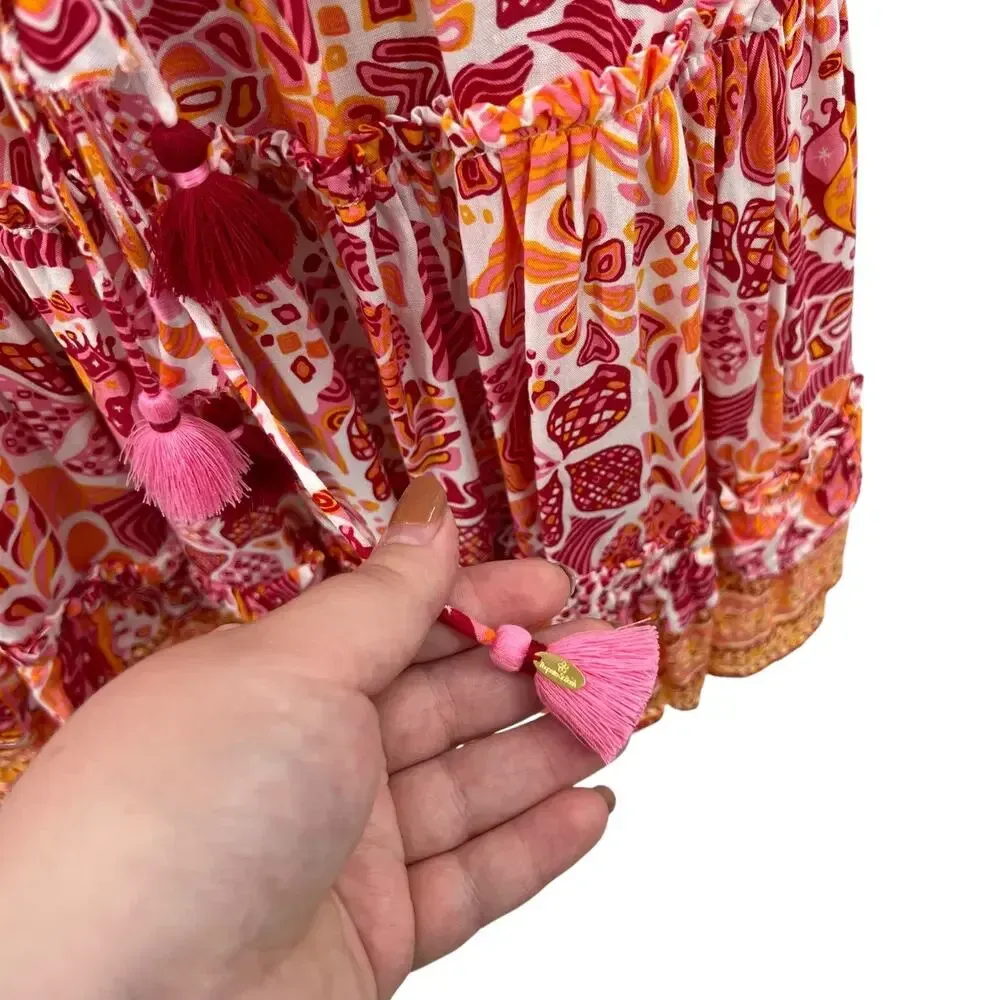 Poupette St.‎ Barth Mini Bona V Red Chagal Printed Pink Orange Dress Size Small - Image 11